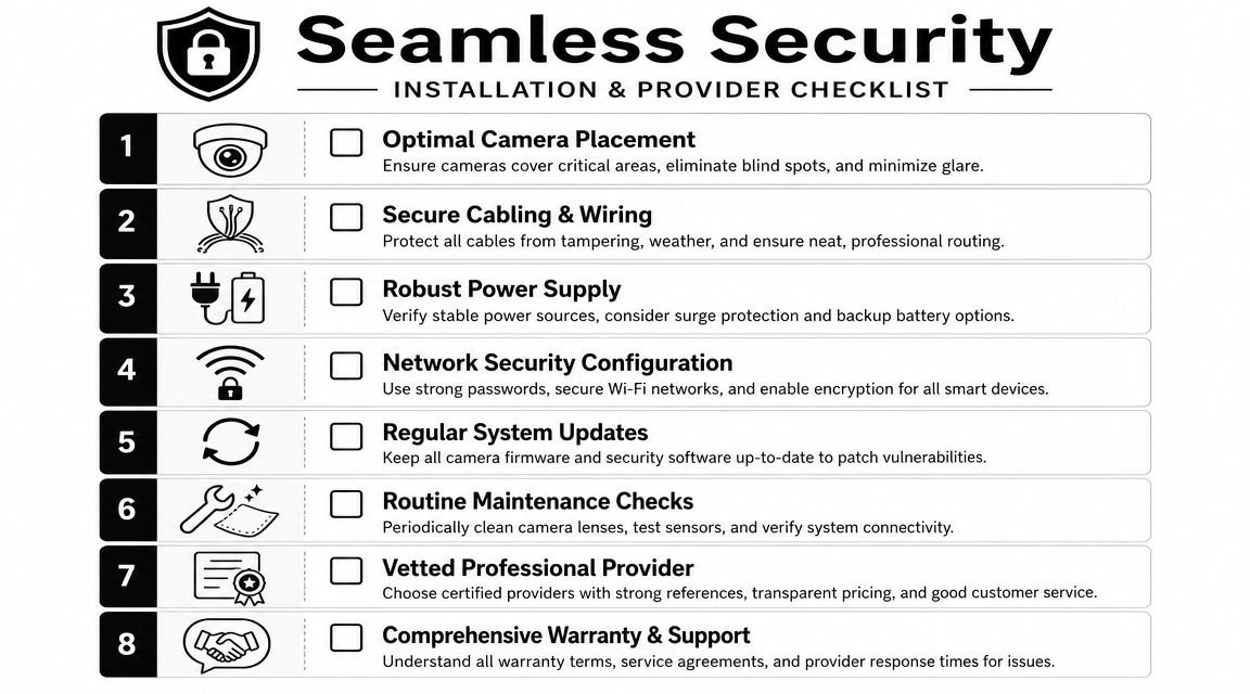 A numbered checklist for home security installation and provider selection, featuring icons for each step.
