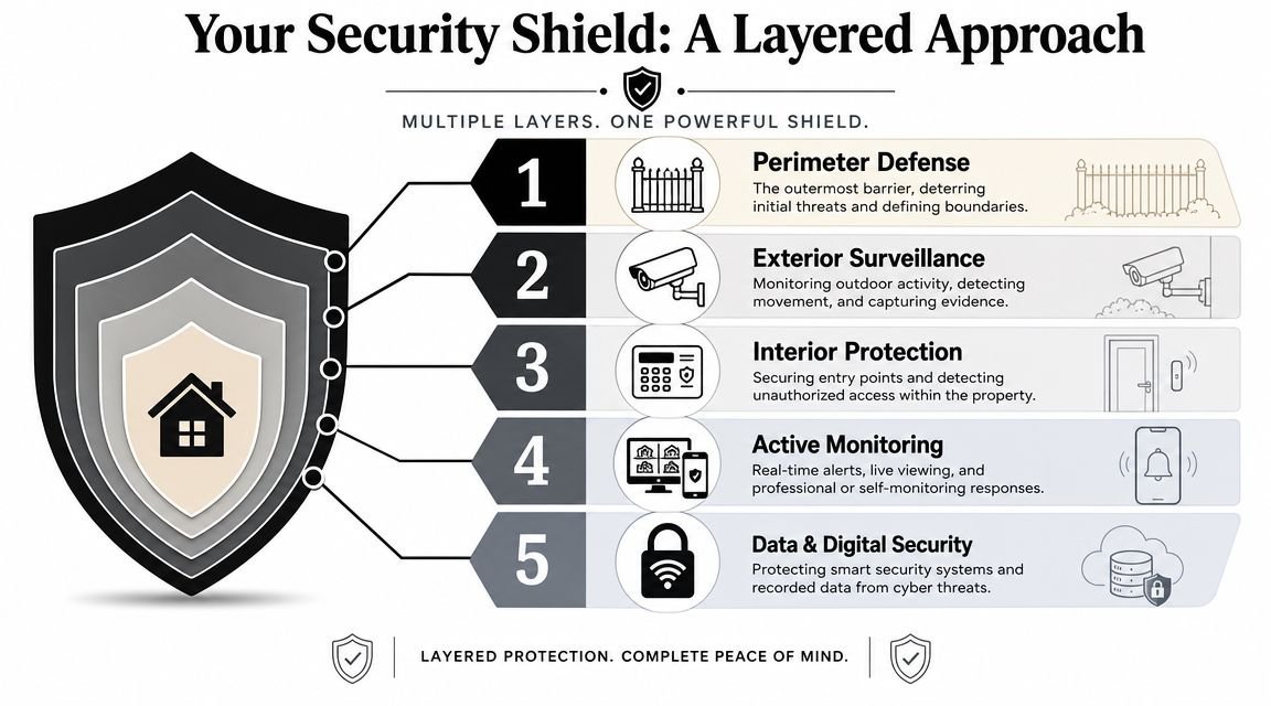 An infographic showing a layered security shield approach for home protection including perimeter, surveillance, interior, monitoring, and digital.