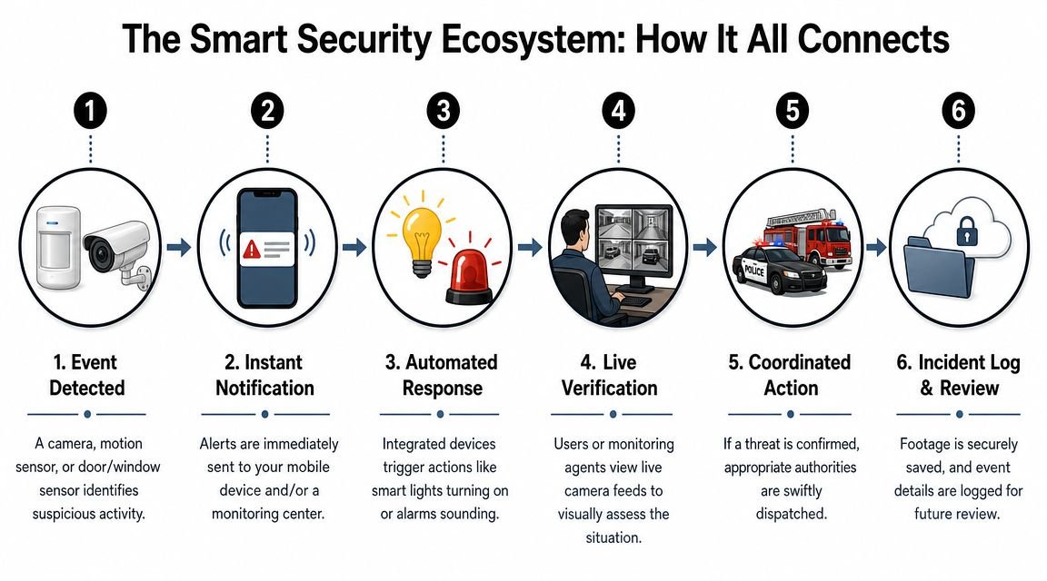 A six-step infographic illustrating how a smart security ecosystem connects devices, notifications, and emergency response protocols.