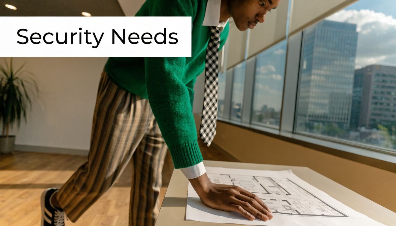 A professional man leaning over a desk while studying architectural blueprints in a bright modern office.