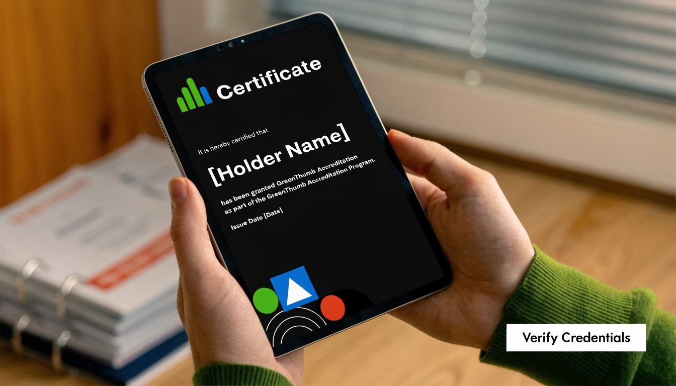 A person holding a tablet displaying a digital GreenThumb accreditation certificate for professional identity verification.