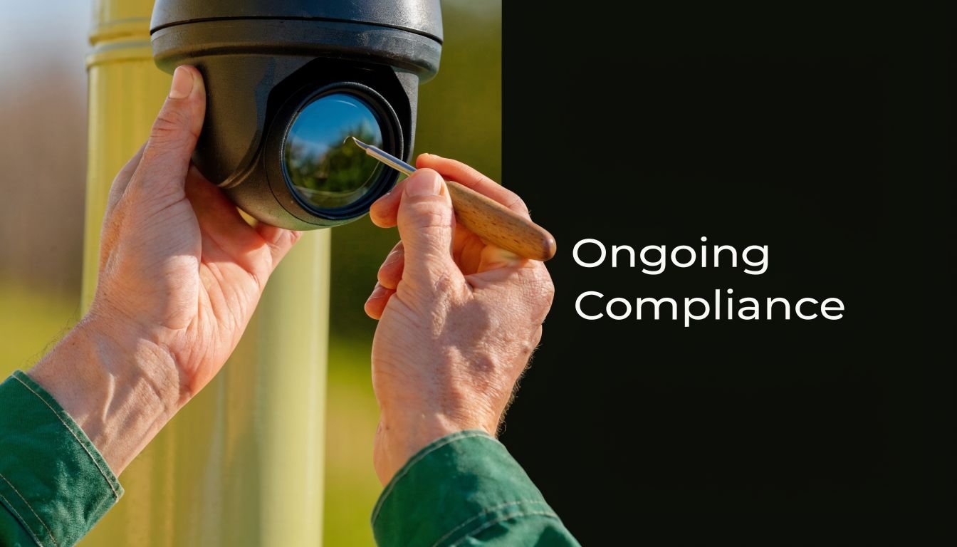 A technician wearing a green jacket performs a professional maintenance inspection on an outdoor security surveillance camera.