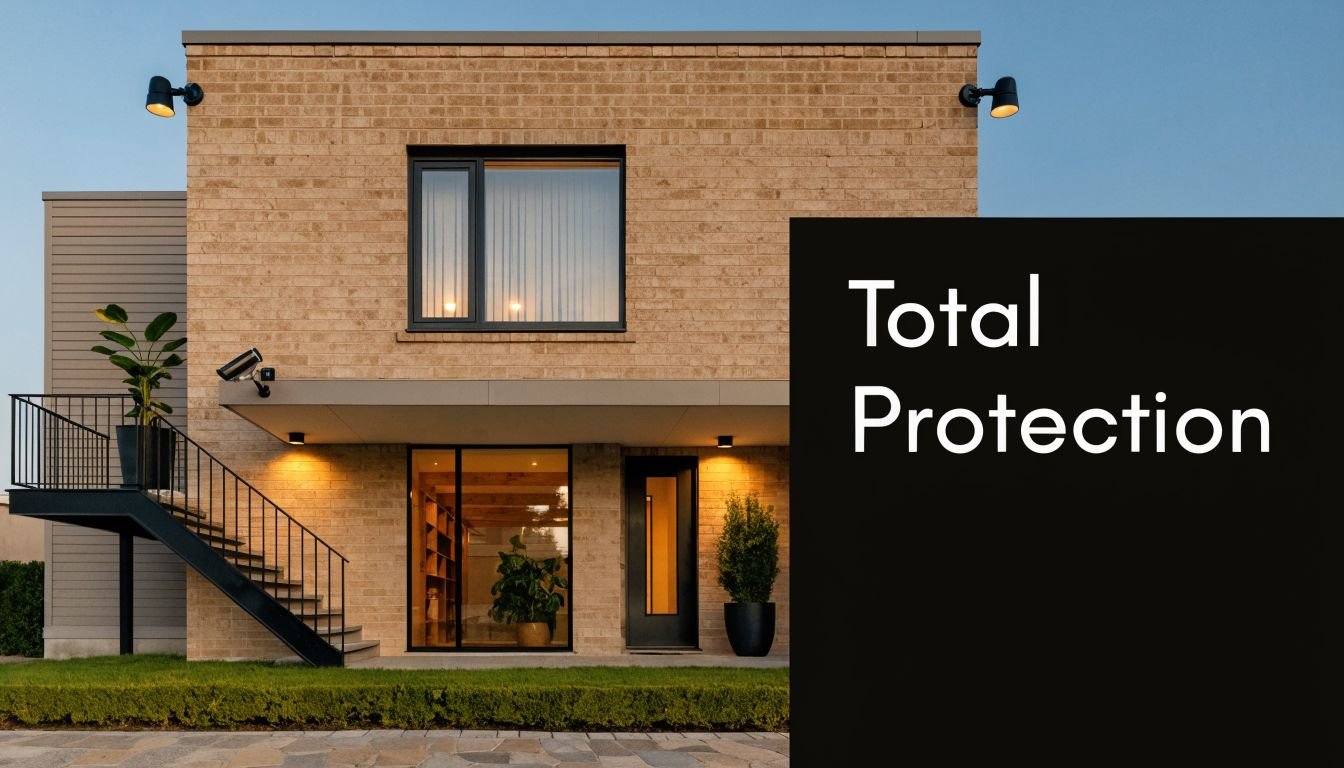 A modern two-story brick house featuring outdoor lighting, security cameras, and a sleek entrance pathway.