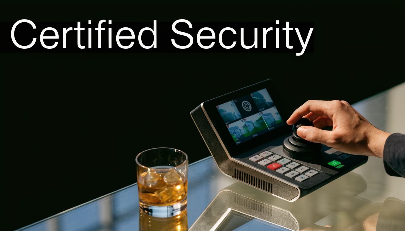 A person controls security cameras using a professional joystick console while sitting next to a glass of whiskey.