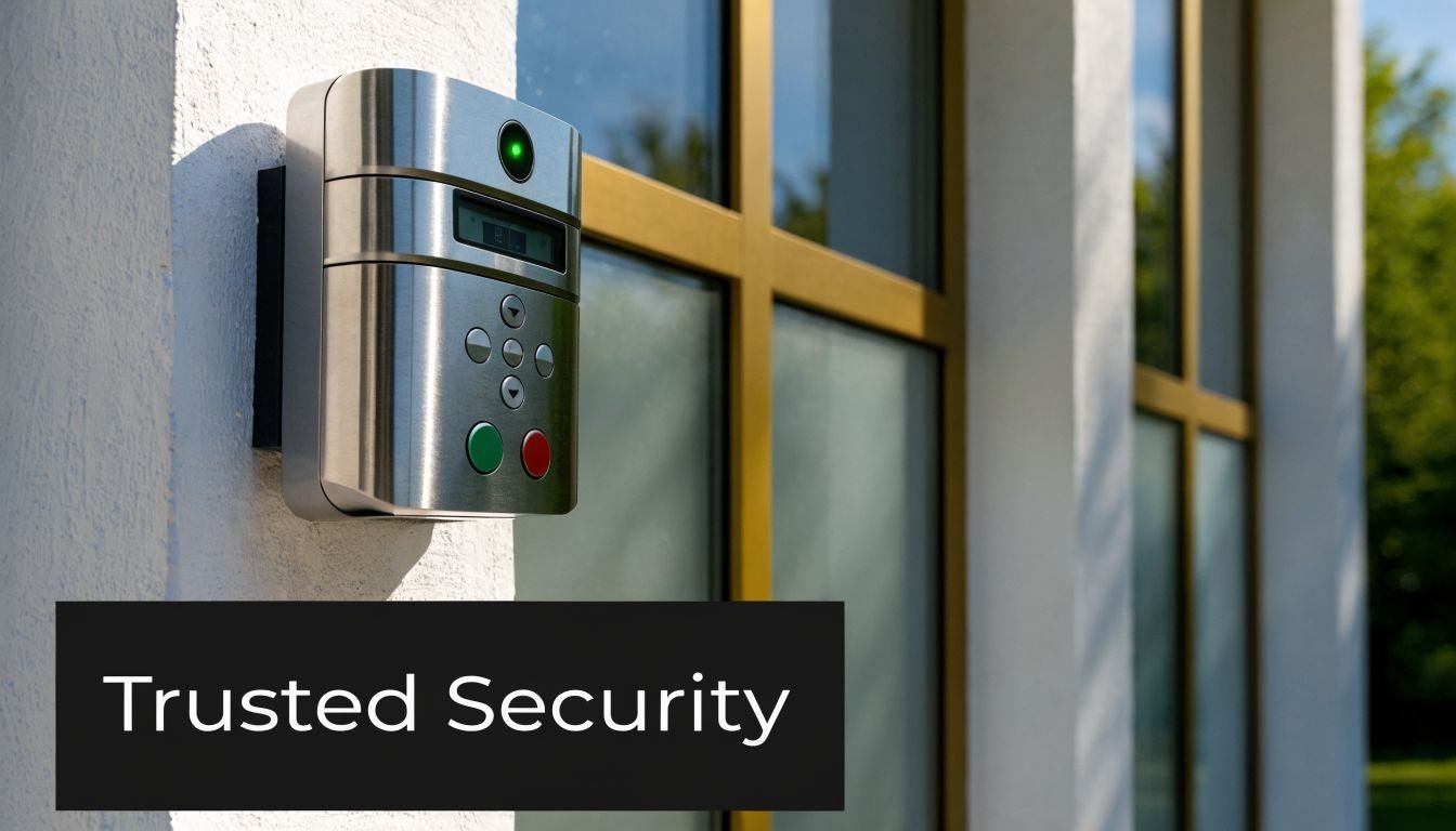 A modern metallic security intercom system mounted on a white wall with the text Trusted Security.