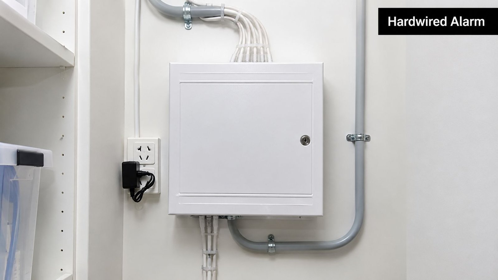 A secure white metal control box for a hardwired home security alarm system mounted on a wall.