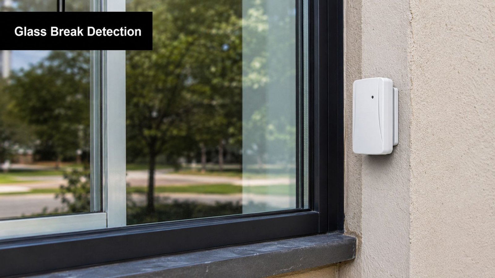 A wireless glass break detector sensor mounted on an interior wall next to a large residential window.