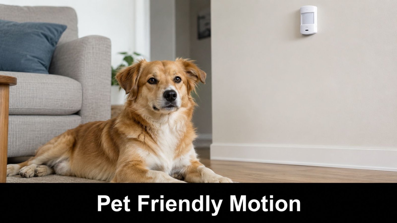 A golden dog resting in a living room next to a wall-mounted pet-friendly motion sensor.