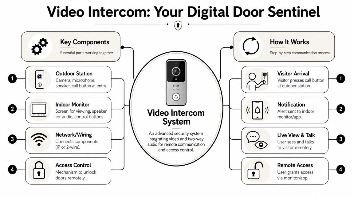 An infographic explaining the key components and step-by-step working process of a modern video intercom system.