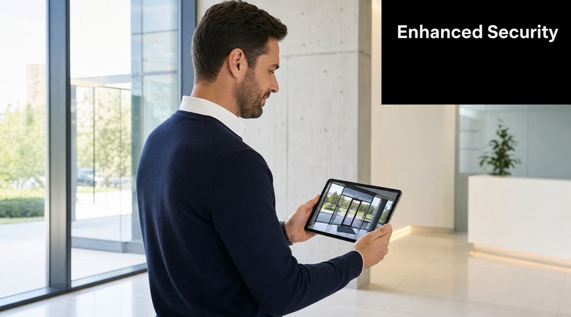 A professional man holding a tablet displaying a live video feed of an office entrance area.