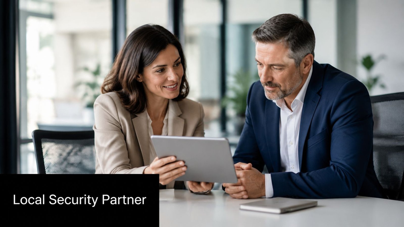 A professional woman and man reviewing data on a tablet during a business security consultation meeting.