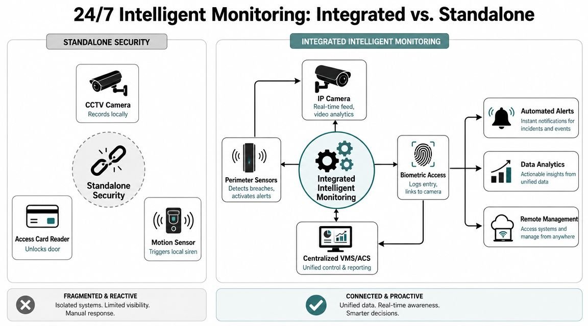 A comparison infographic between standalone security systems and integrated intelligent monitoring for business safety and management.
