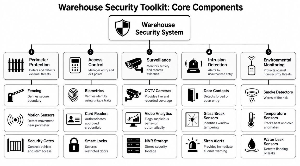 A hierarchical chart illustrating five core components of a comprehensive warehouse security system for facility protection.