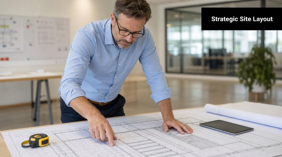 A professional engineer in a light blue shirt examining technical site layout blueprints at a desk.