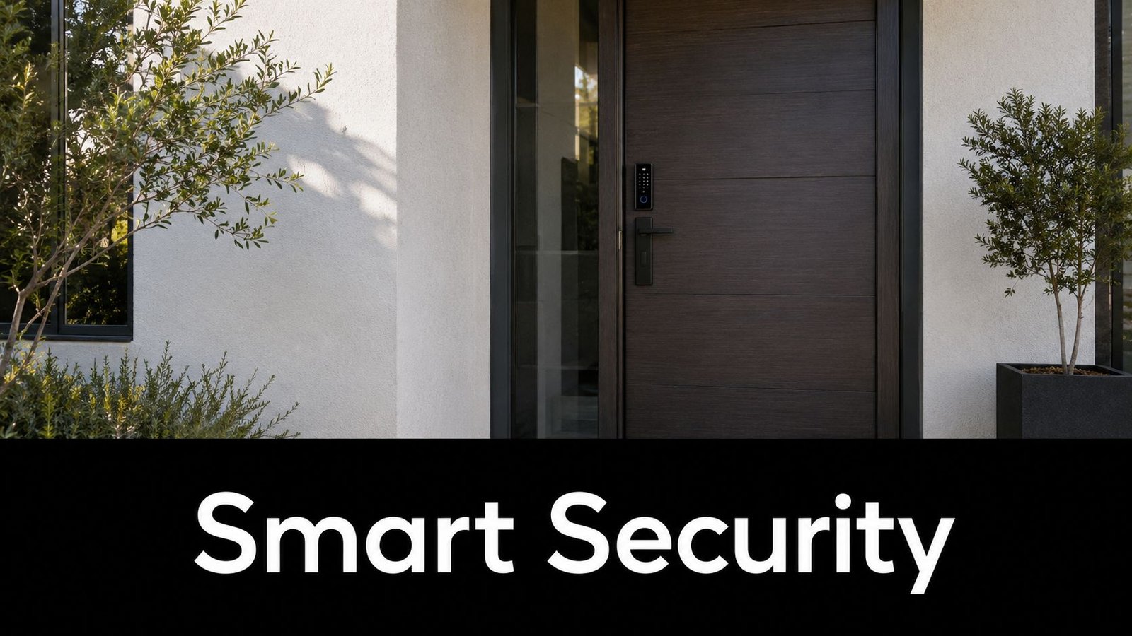 A modern home entrance featuring a smart security lock installed on a sleek wooden front door.