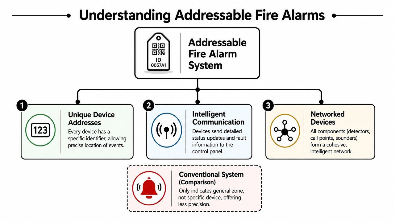 A diagram explaining addressable fire alarm systems, highlighting unique device addresses, intelligent communication, and networked components.
