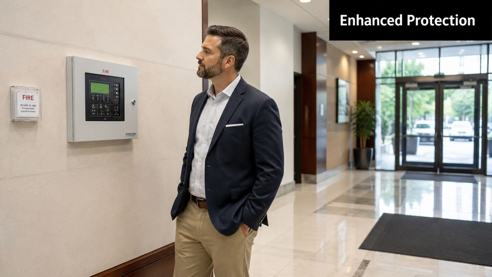 A professional man standing in a modern office hallway next to an addressable fire alarm control panel.
