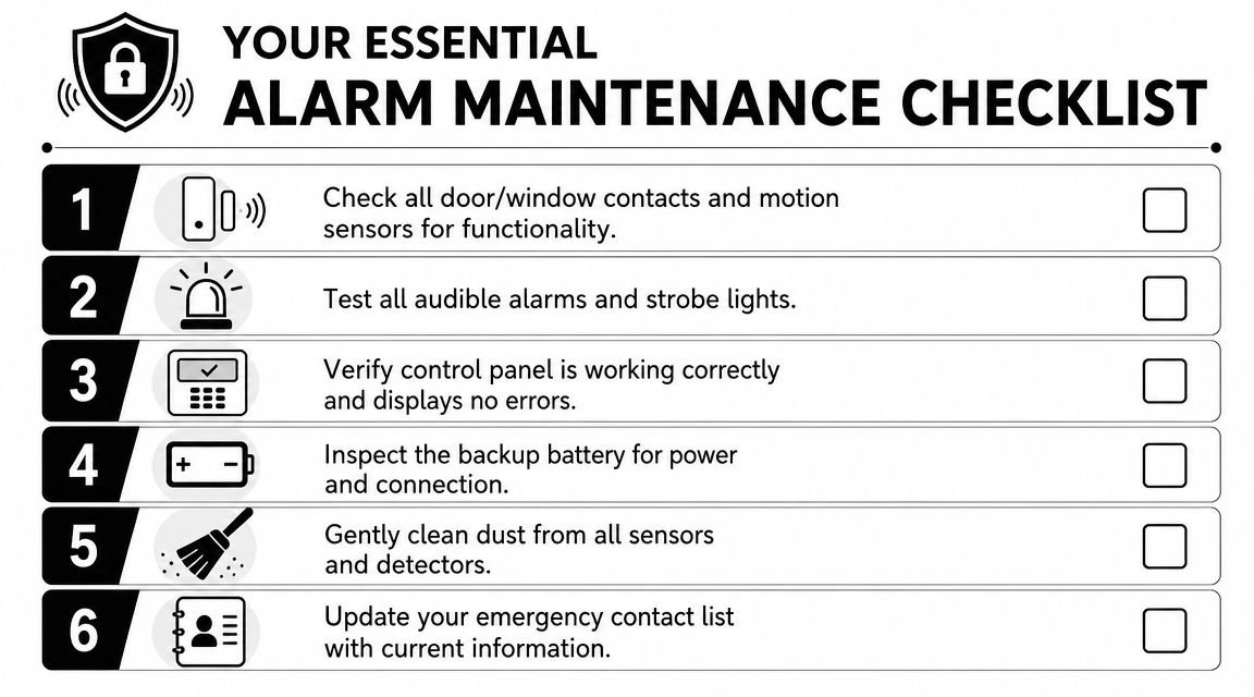 A six-step checklist for essential home alarm system maintenance, displayed with icons and text.