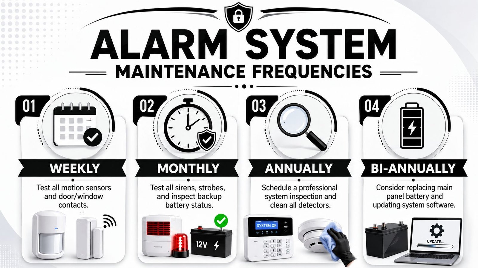 An infographic showing a four-step alarm system maintenance schedule with recommended weekly, monthly, annual, and biannual tasks.