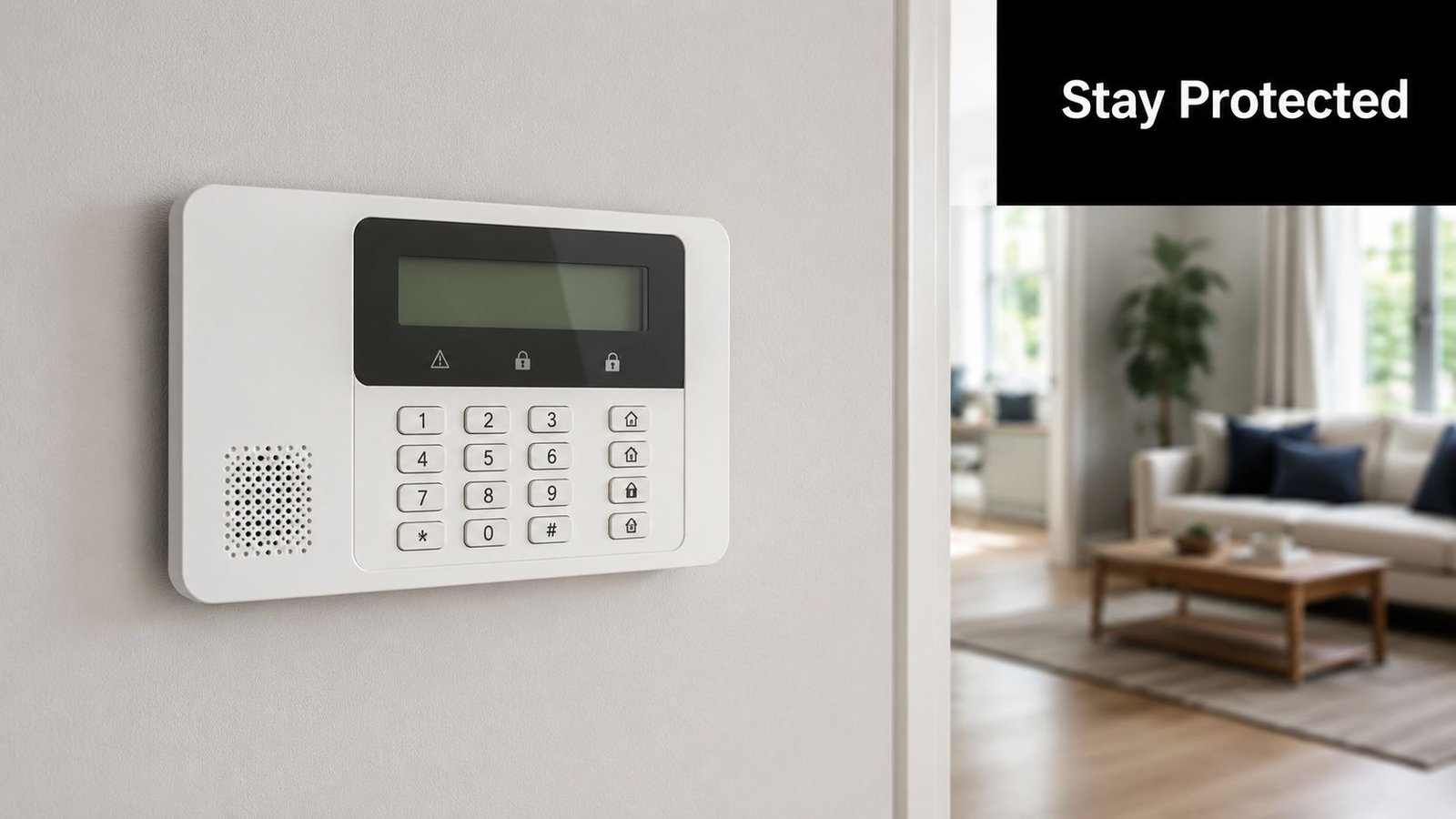 A wall-mounted white home security alarm system keypad inside a modern living room setting.