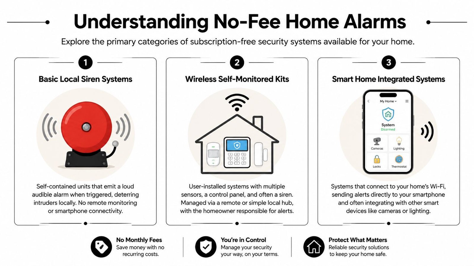 An infographic showing three types of subscription-free home alarm security systems and their key benefits.