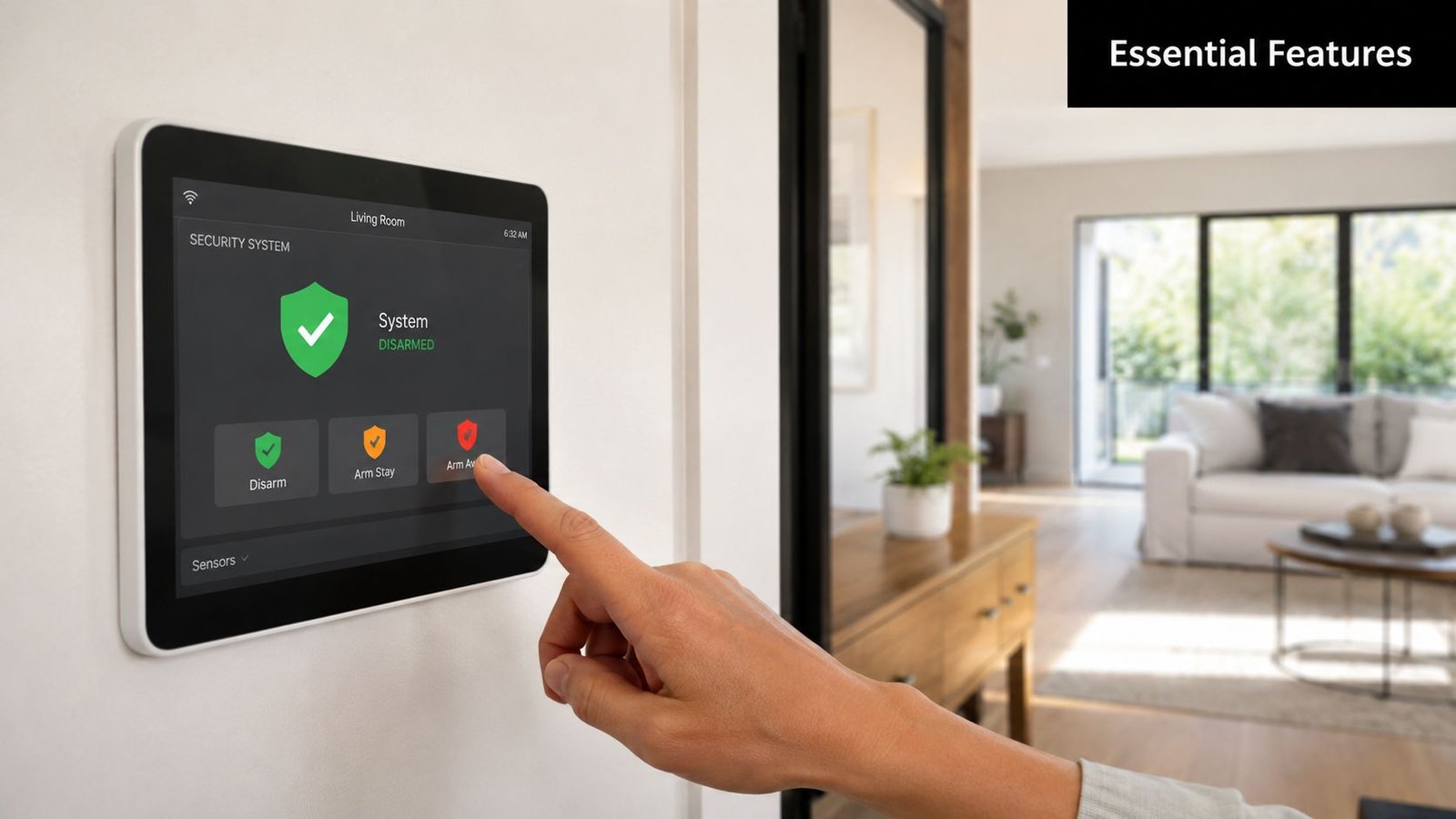 A person uses their finger to touch the security system screen mounted on a wall at home.