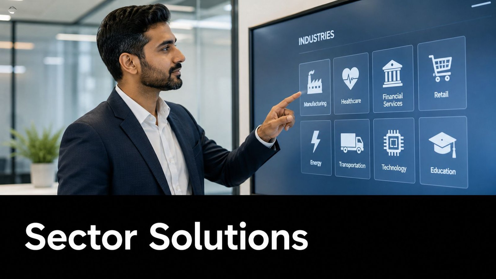 A professional man pointing at a digital screen showcasing various industry sectors like manufacturing and healthcare solutions.