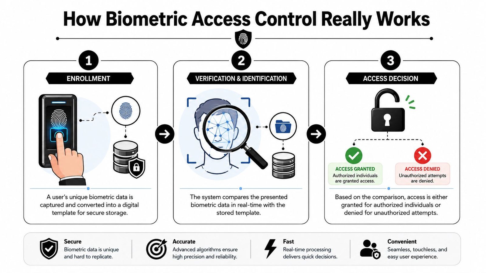 A diagram illustrating the three-step process of biometric access control including enrollment, verification, and access decisions.
