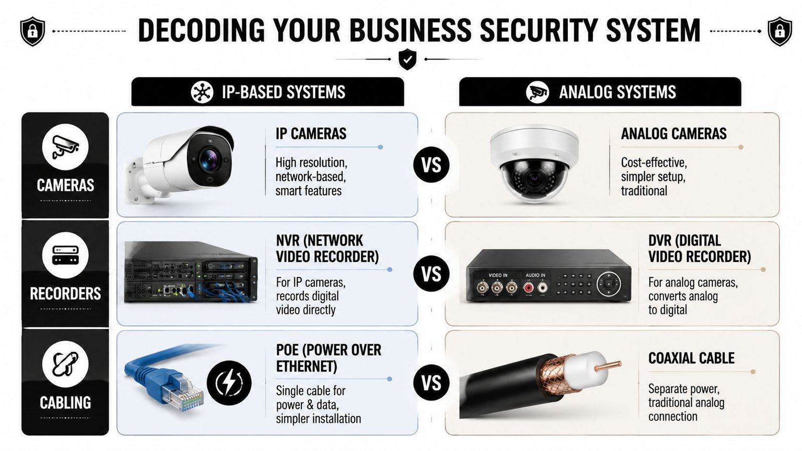 A comparison chart showing the differences between IP-based security systems and analog camera security systems for businesses.