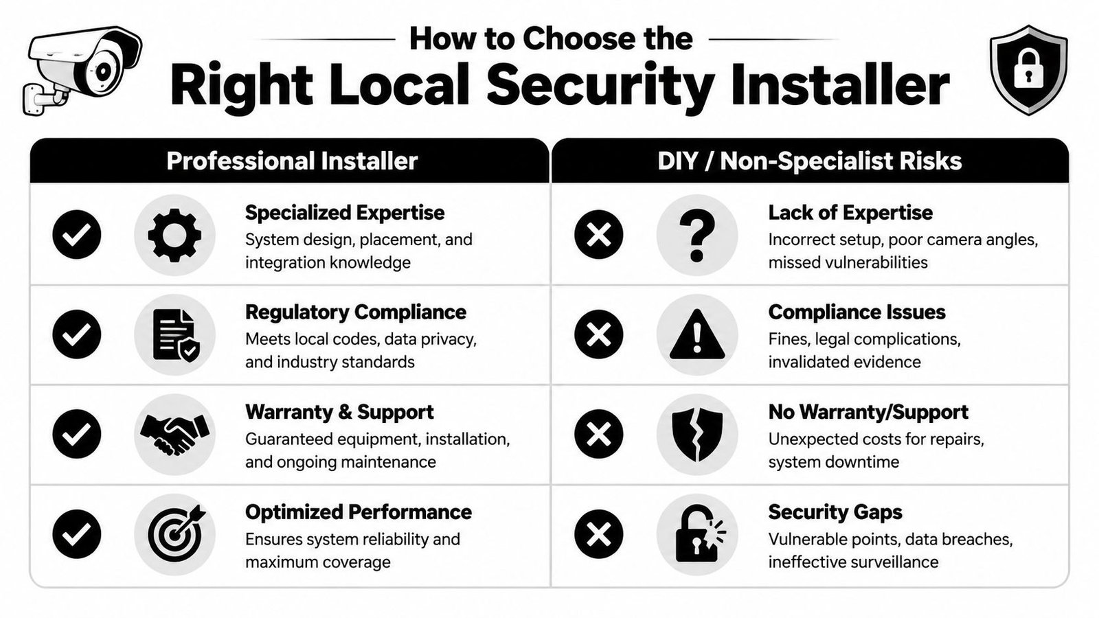 A comparison chart showing benefits of professional security installers versus risks of DIY or non-specialist installation.