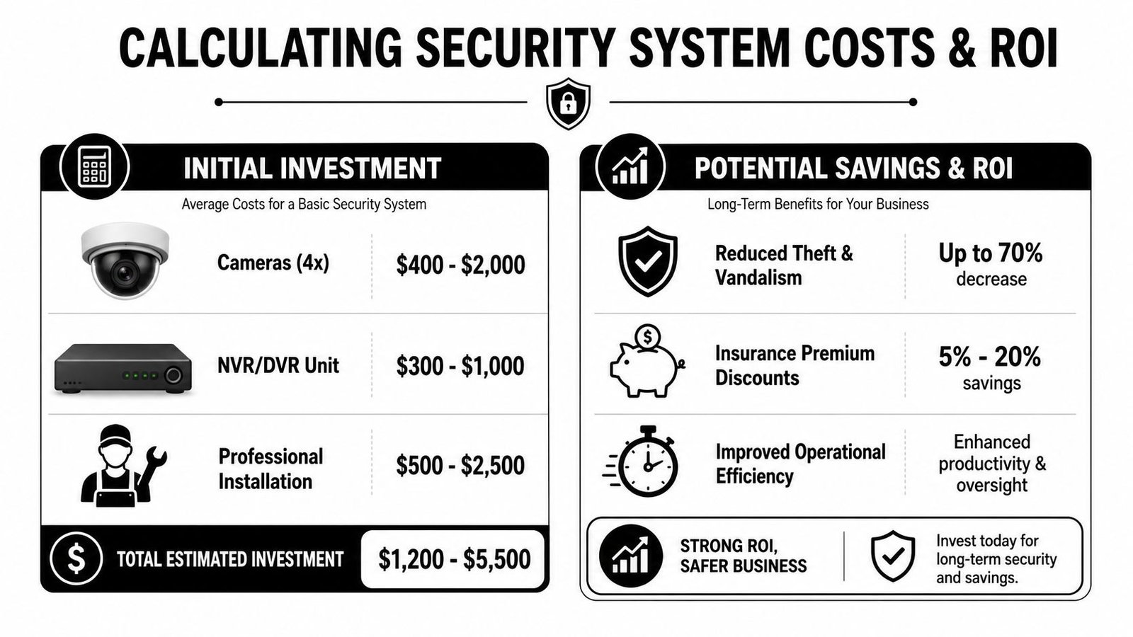 An infographic showing the estimated costs and long-term financial benefits of installing a business security system.