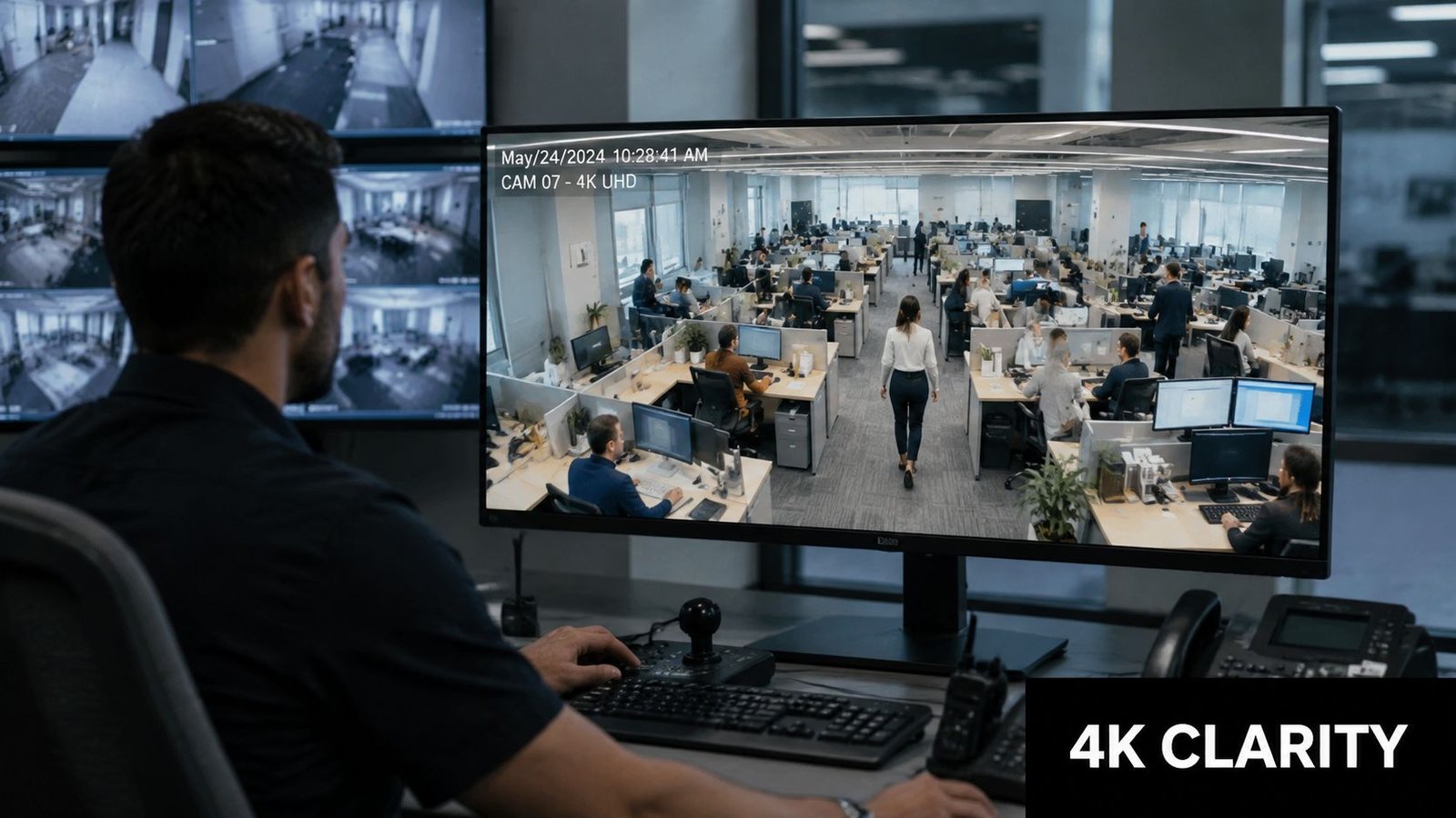 A security professional monitoring multiple camera feeds of an office workspace on a large 4K computer screen.