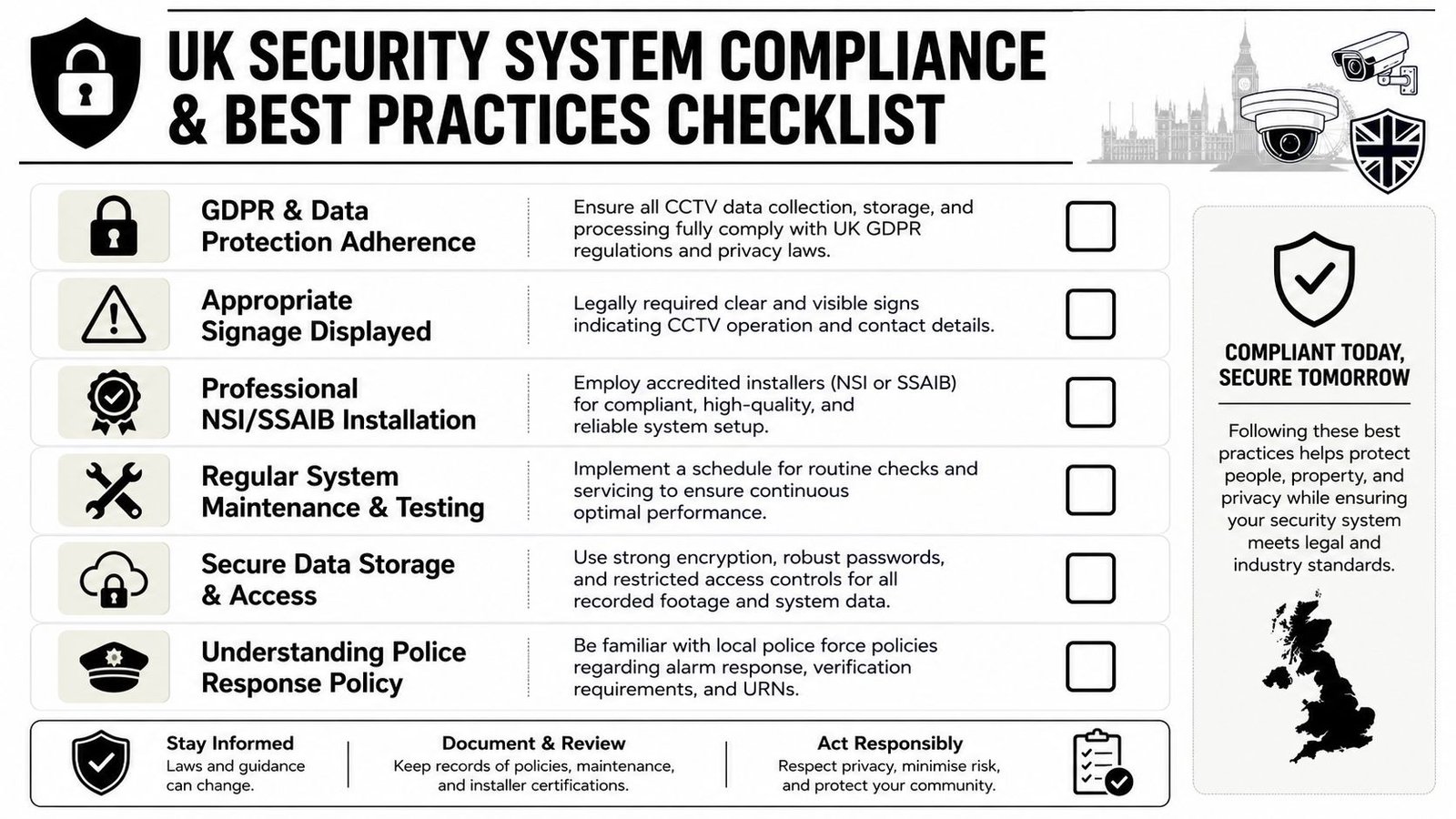 A checklist infographic outlining UK security system compliance and best practices for CCTV and alarm installations.