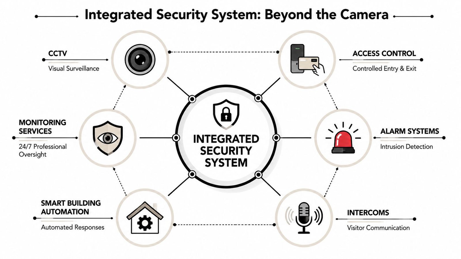 A diagram illustrating the components of an integrated security system including CCTV, access control, alarms, and automation.