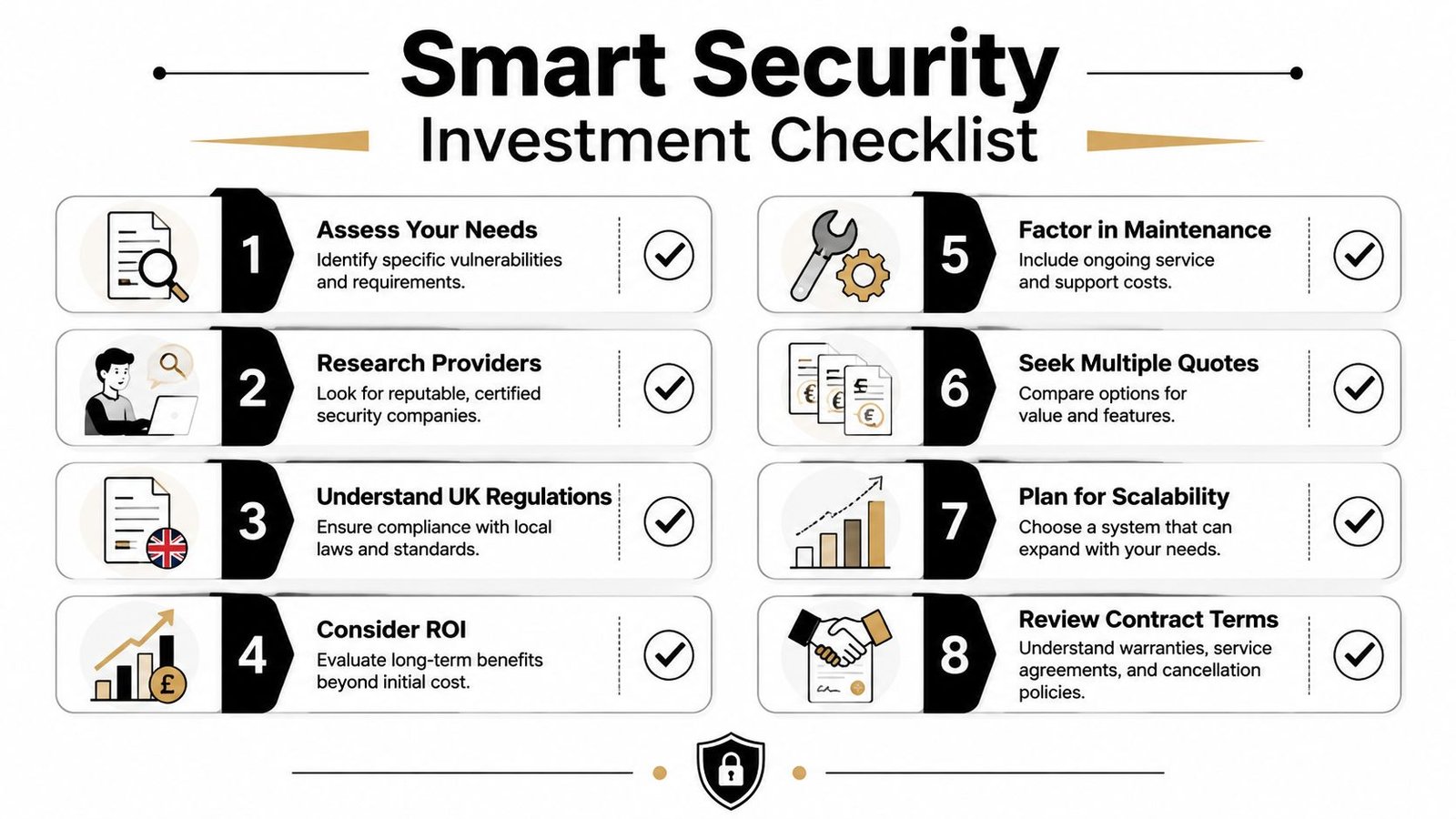 An infographic titled Smart Security Investment Checklist outlining eight essential steps for planning a professional security system installation.