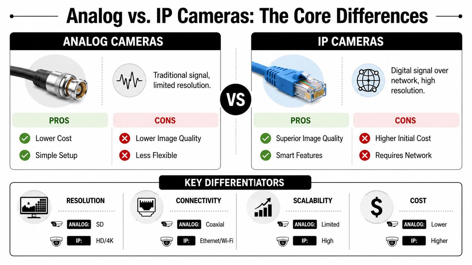 A comparative infographic displaying the core differences between analog and IP security camera systems including pros and cons.