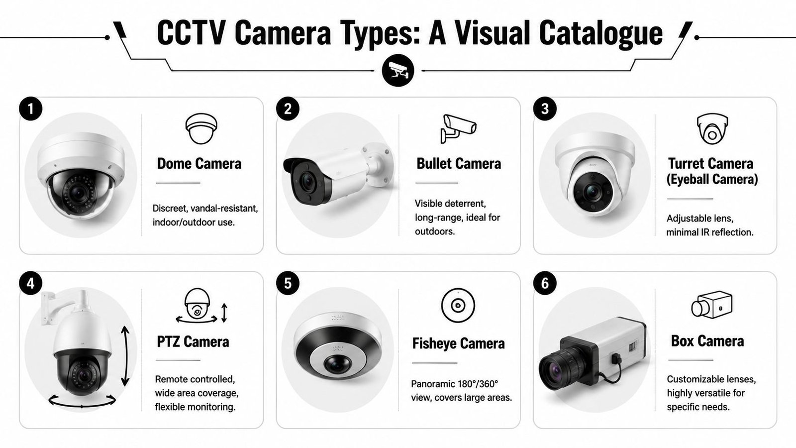 A visual guide displaying six common types of CCTV security cameras, including dome, bullet, and box styles.