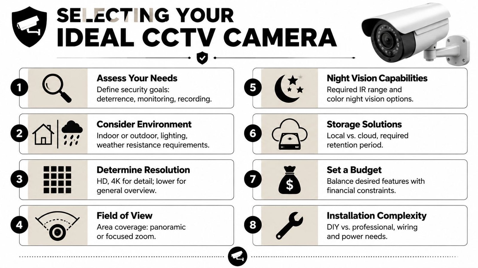 An infographic titled Selecting Your Ideal CCTV Camera with eight steps to guide security camera selection.
