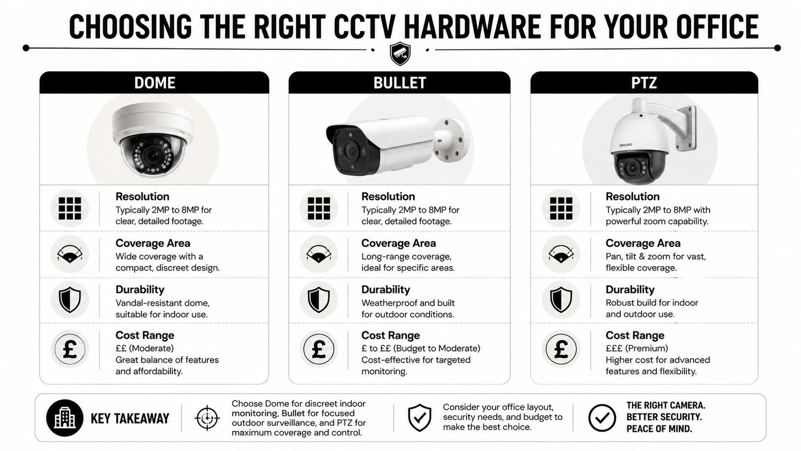 A comparison guide for choosing the right dome, bullet, or PTZ CCTV security cameras for offices.