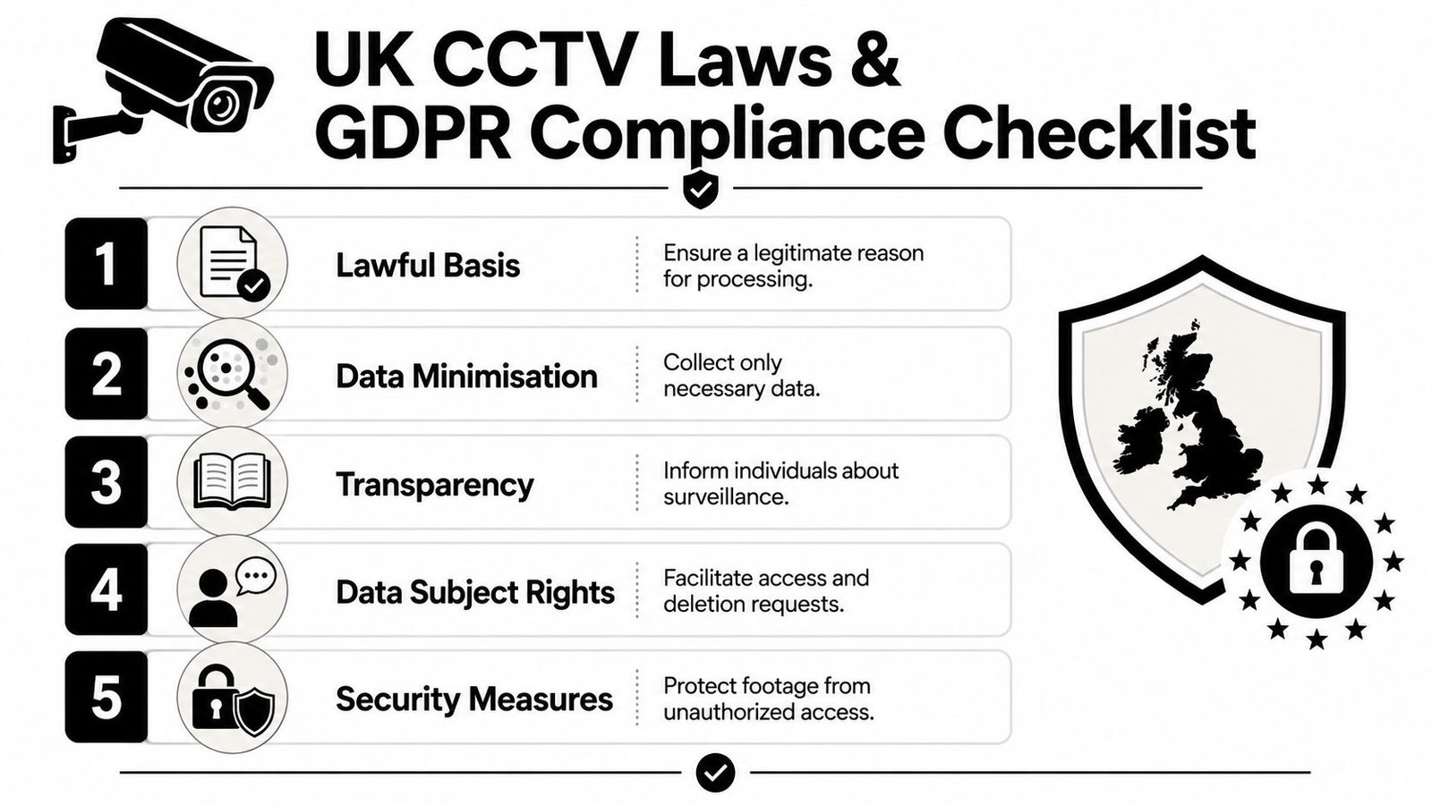 A checklist infographic outlining five key UK GDPR compliance requirements for CCTV surveillance in the workplace.