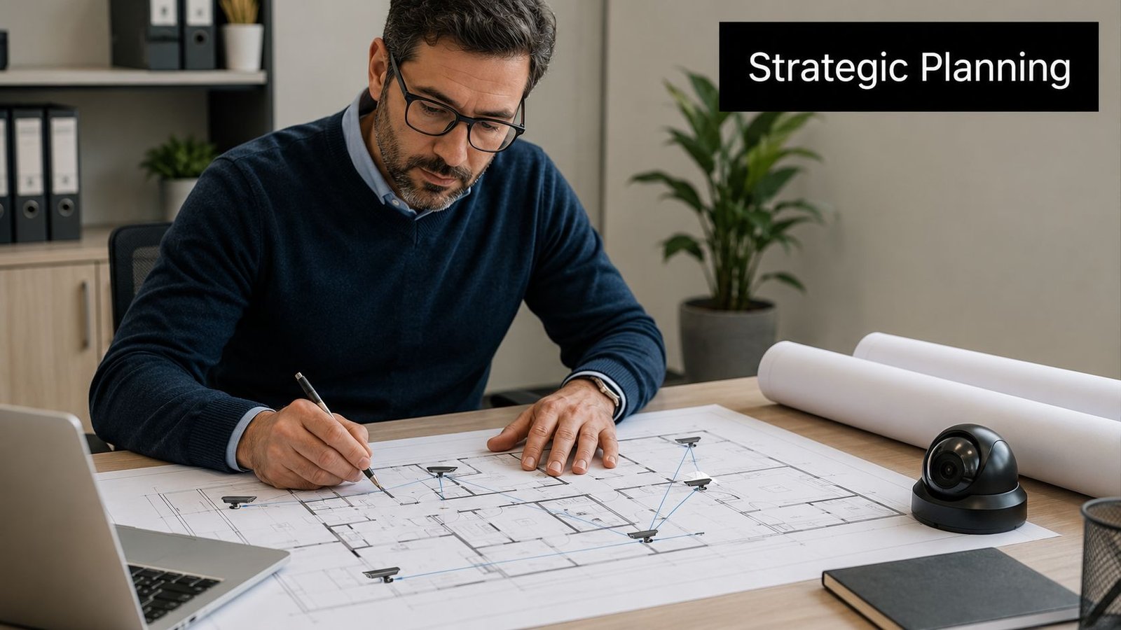 A professional man with glasses working on a security system layout plan at his office desk.