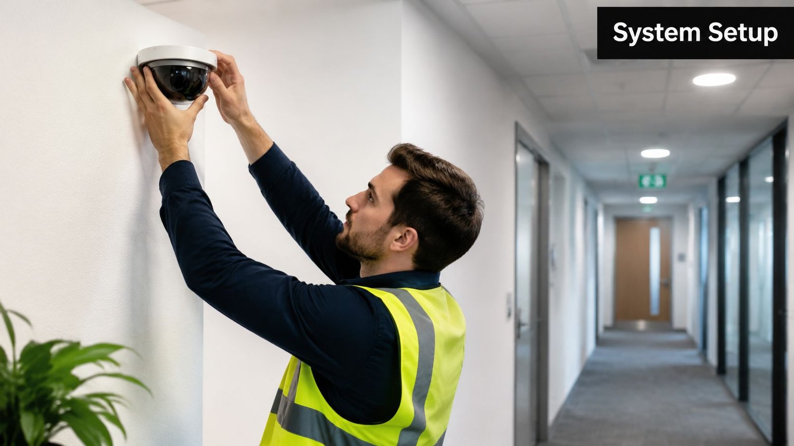 A technician wearing a high-visibility vest installs a security camera on an office corridor wall.