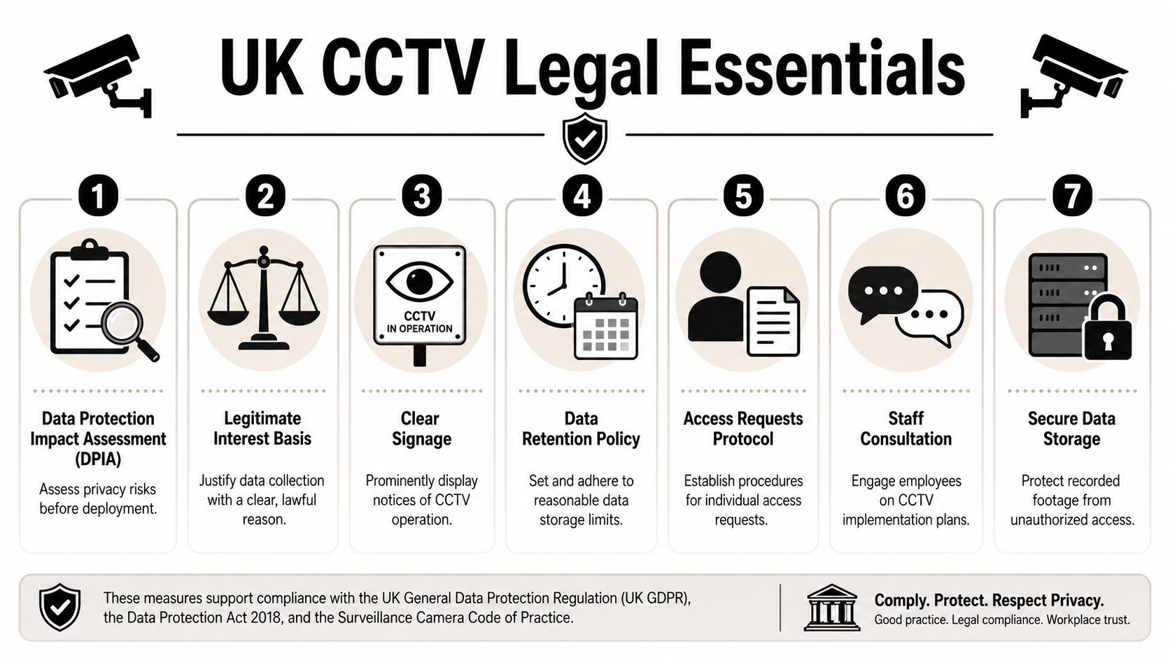 An infographic titled UK CCTV Legal Essentials outlining seven key regulatory steps for using security cameras.