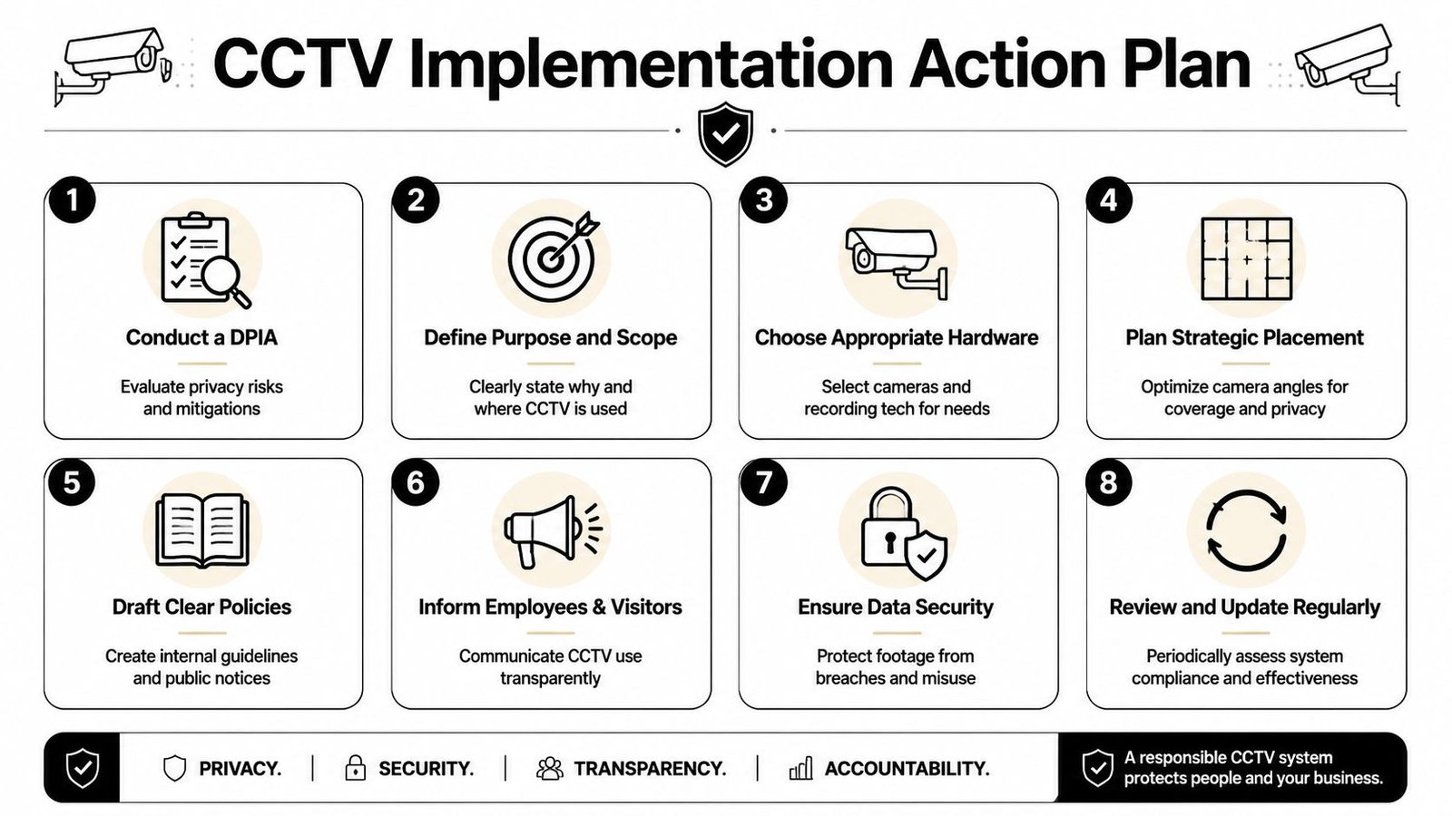A structured infographic outlining an eight-step action plan for implementing a secure and compliant CCTV system.