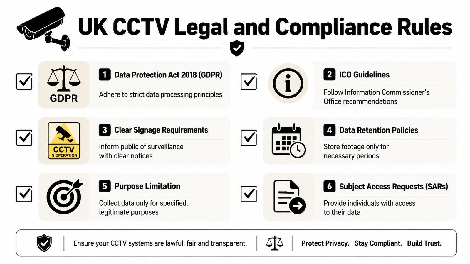 An infographic detailing the six key legal and compliance rules for operating CCTV systems in the UK.
