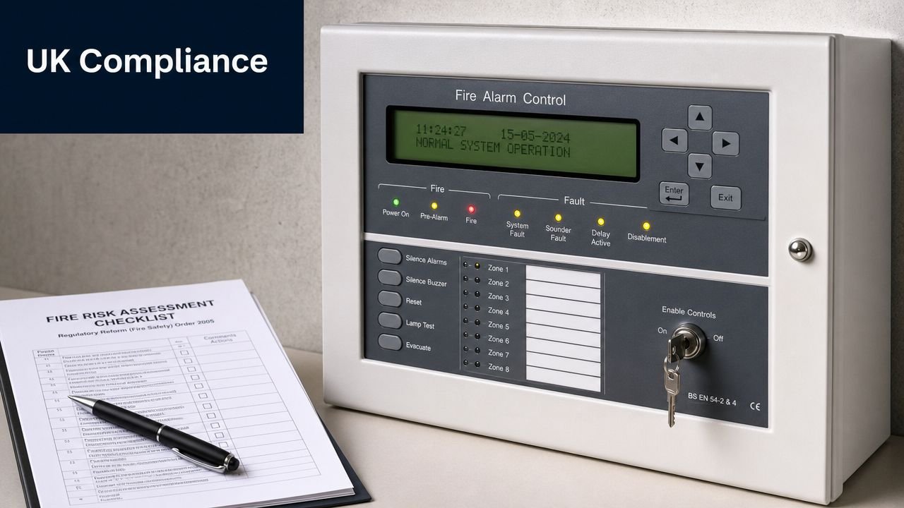 A wall-mounted fire alarm control panel displaying normal system operation next to a fire risk assessment checklist.