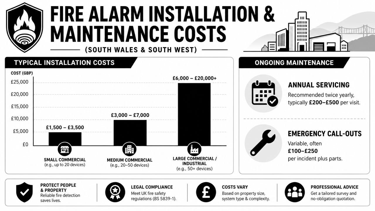 An infographic showing typical costs for fire alarm installation and maintenance in commercial buildings.