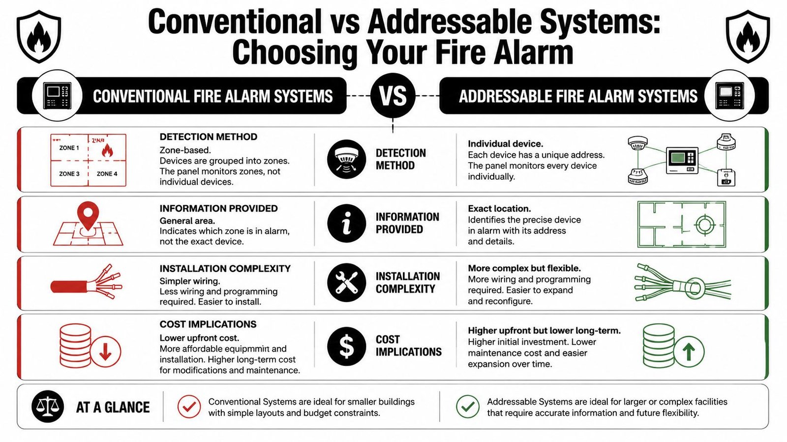 A comparison chart outlining the differences between conventional and addressable fire alarm systems for facility management.