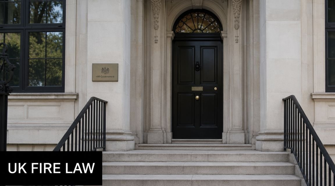 The entrance of a stately stone government building with black doors and white stone steps.