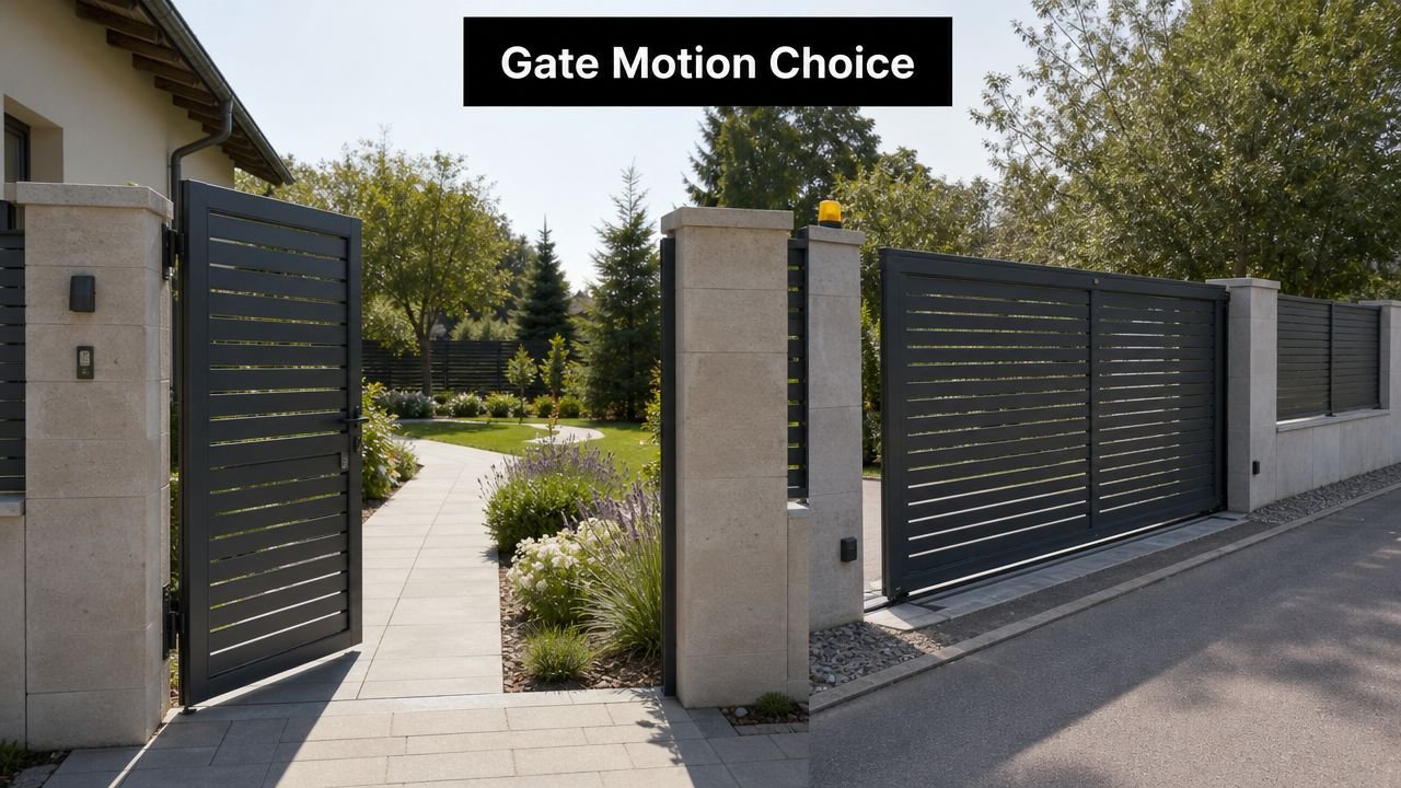 A split image showing a modern hinged pedestrian gate on the left and a sliding driveway gate.